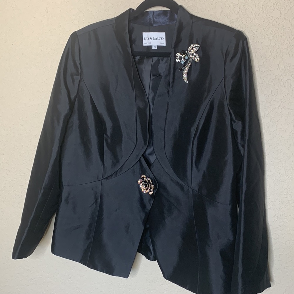 Lily & Taylor Black Satin Open-Front Dress Jacket (DOES NOT INCLUDE BROOCHES)